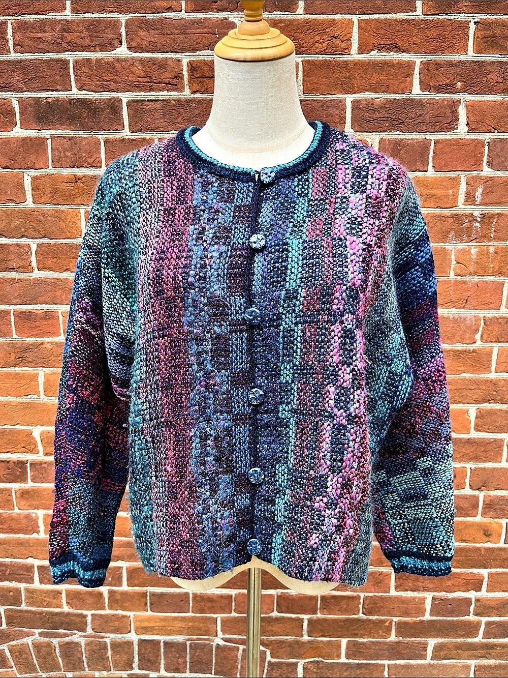 Vintage Hand Woven Knit Jacket in Blue & Pink